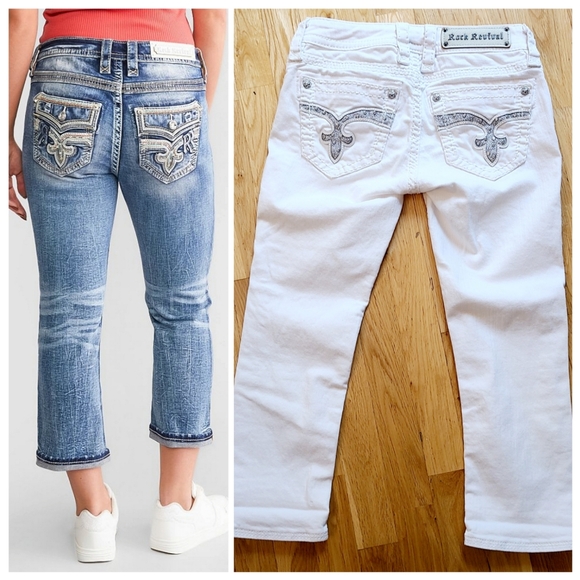 🆕️ Rock Revival Katie White Embellished Capri Jean Size 26 Streetwear Boho Chic - Picture 1 of 9